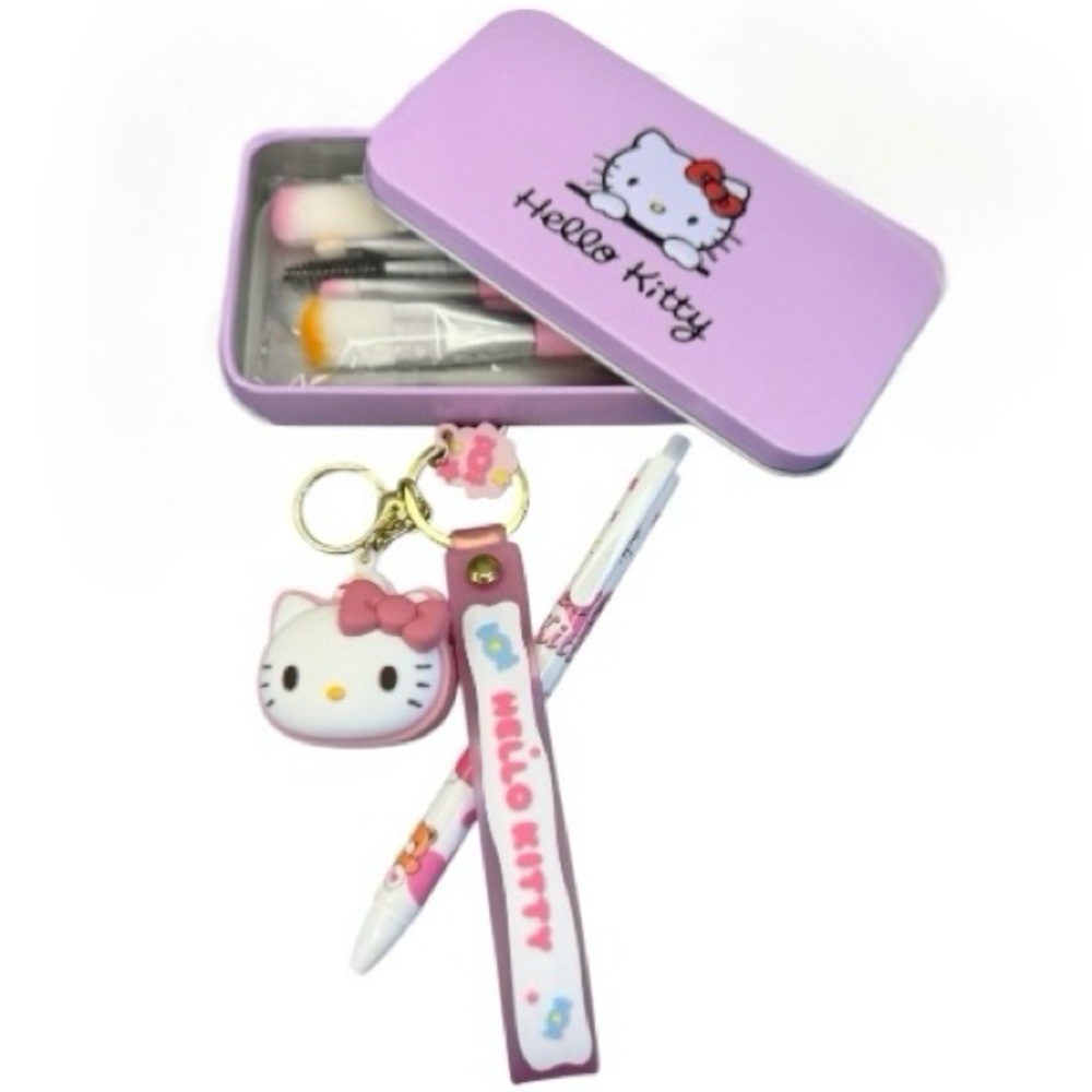 Hello Kitty Makeup Brush Set In Tin Case + Hello Kitty Key Chain and Pen Bundle
